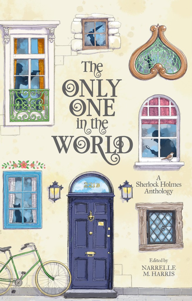 A cream cover with a blue door surrounded by different shaped windows with shadows in them and a bike to the left. The title is The Only One in the World.