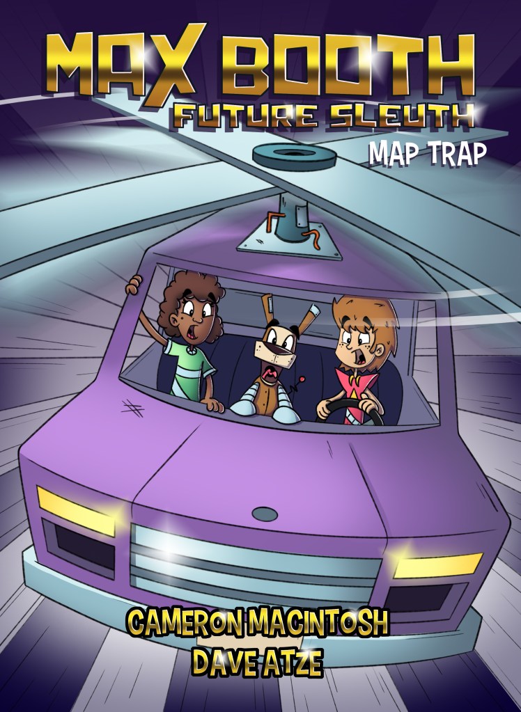 A purple helicopter with a white boy and brown girl either side of a robot dog. The book is called Max Booth, Future Sleuth: Map Trap by Cameron MacIntosh