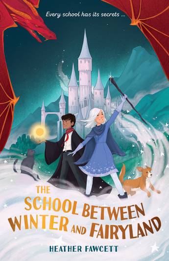 A boy and a girl in front of a castle with a dog and a cat. The girl wears a blue cloak and has white hair. The boy has a black uniform and black hair. 