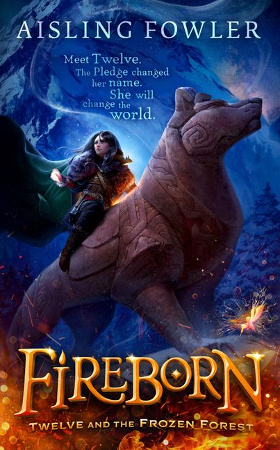 A girl sitting on a stone dog surrounded by ice and fire. Fireborn by Aisling Fowler. 