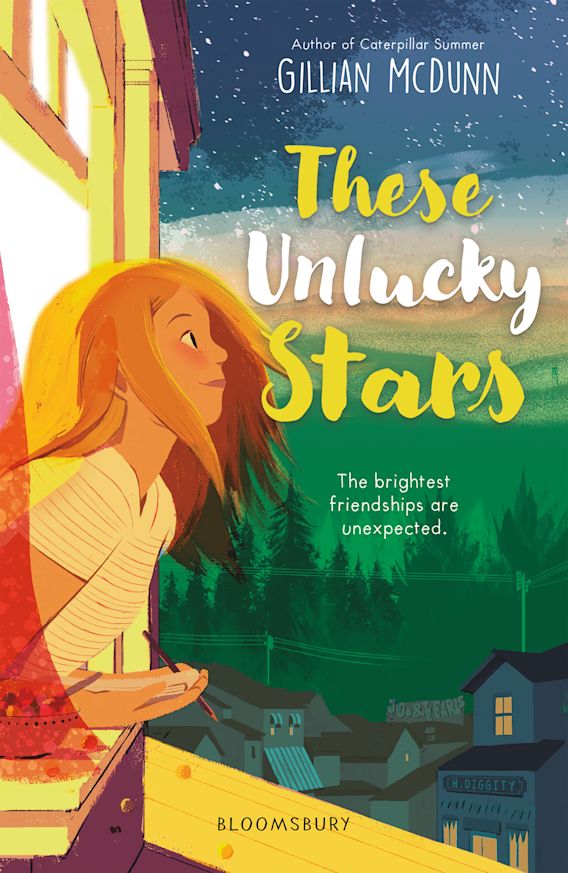 A girl looking out of a window to the mountains. These Unlucky Stars by Gillian McDunn