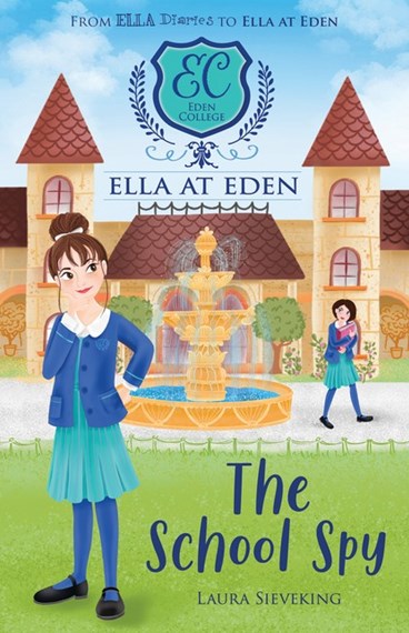 Ella standing outside Eden on the grass in front of a fountain watching a girl with dark hair walk by. 