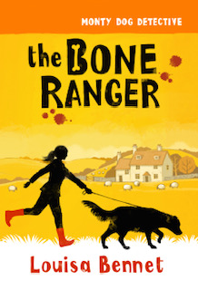 A yellow cover with a house on the hill. A woman in walking a dog in the front. They are in black. Black text at the top reads The Bone Ranger, by Louisa Bennet.