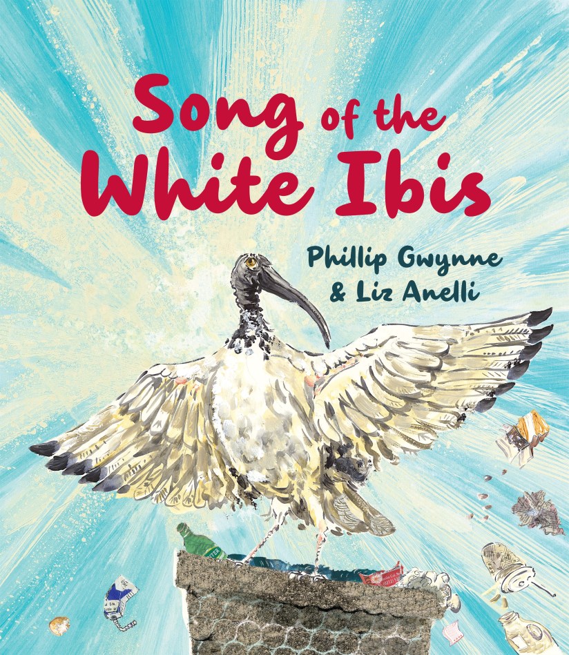 A white ibis against a blue sky sitting on a bin. Song of the White Ibis ny Phillip Gwynne and Liz Anelli