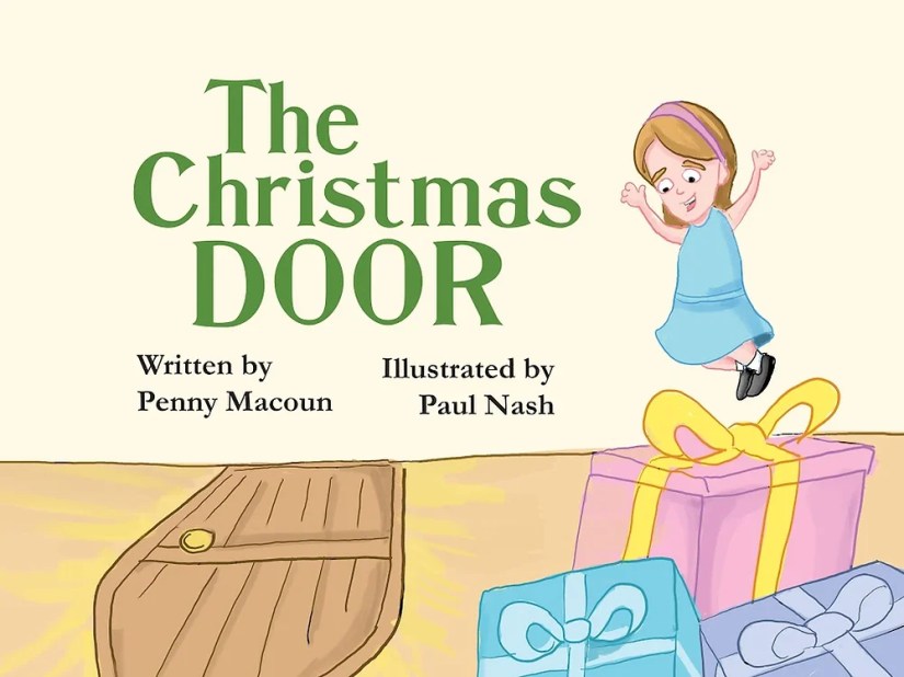 a young girl jumping around presents and a door in the floor. The Christmas Door by Penny Macoun 