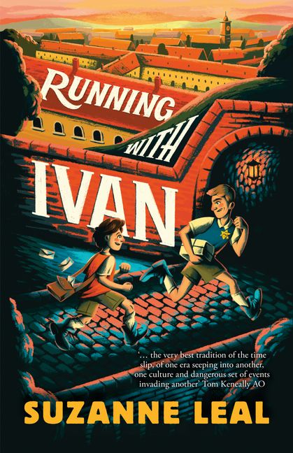 Two boys running through an old city across cobblestones. One is wearing a yellow star. White text reads Running with Ivan by Suzanne Leal.