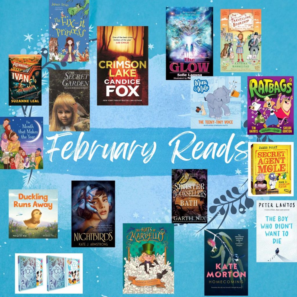 A blue tile with twenty different book covers around the words February reads. 