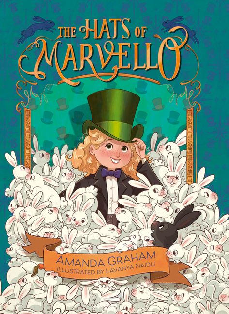 A girl in a green top hat surrounded by white bunnies and one black bunny. The Hats of Marvello by Amanda Graham.