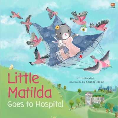a blue sky over green fields with a cat on a blanket between some galahs. Little Matilda Goes to Hospital by Caz Goodwin
