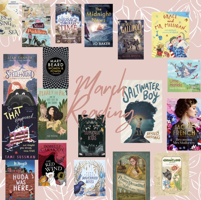 A pink background with pink cursive text reading March Reading. There are lots of book covers surrounding it.