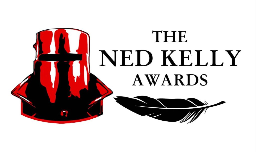 A white background with a red, white and black Ned Kelly helmet next to black text that reads The Ned Kelly Awards with a feather underneath it. 