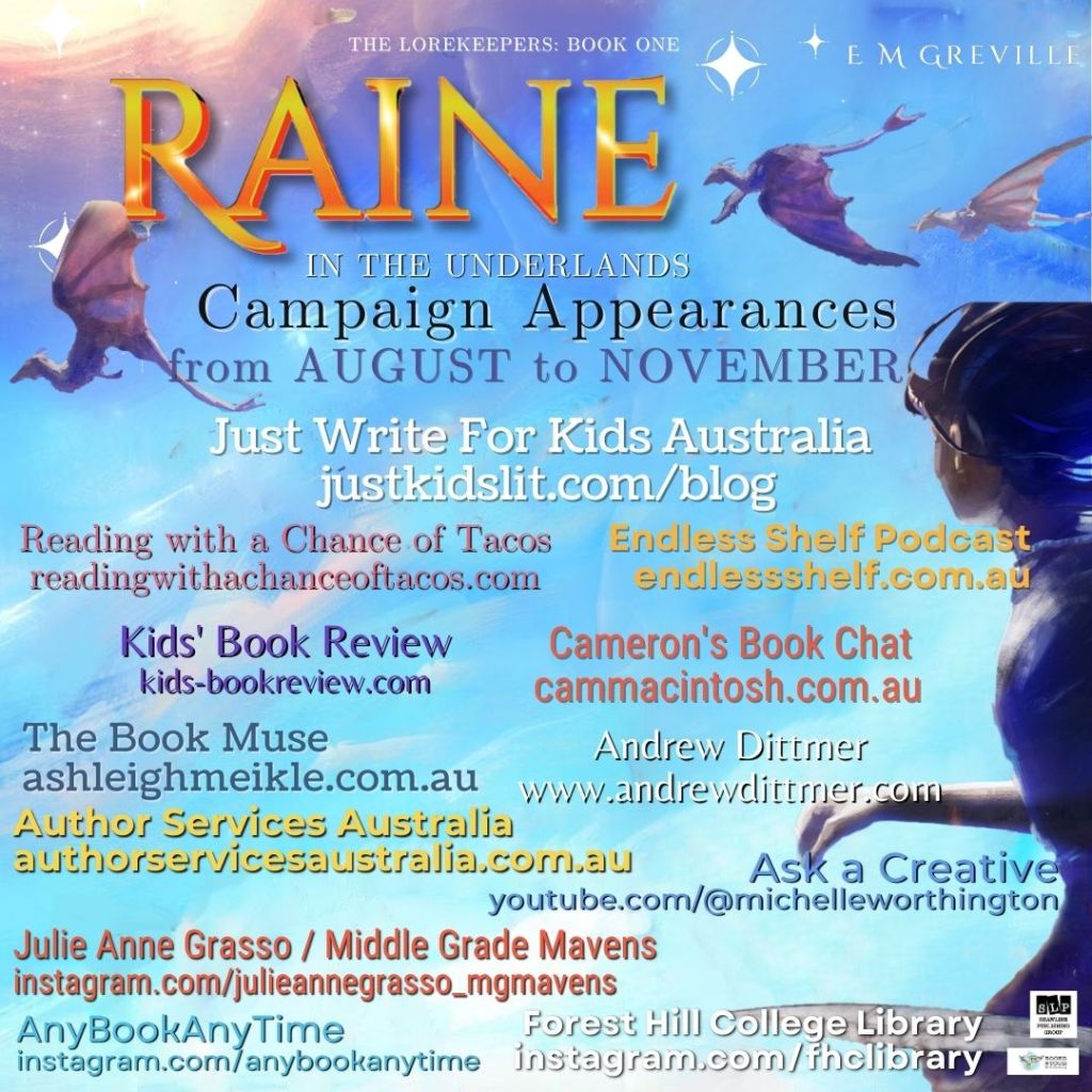 A blue sky with purple figures at the top and side. Text reads Raine in the Underlands Campaign Appearances from August to November. Appearances are: Just Write For Kids Australia, Reading With a Chance of Tacos, Endless Shelf Podcast, Kid's Book Review, Cameron's Book Chat, The Book Muse, Andrew Dittmer, Author Services Australia, Ask a Creative, Julie Anne Grasso/Middle Grade Mavens, AnyBookAnyTime, and Forest Hill College Library.