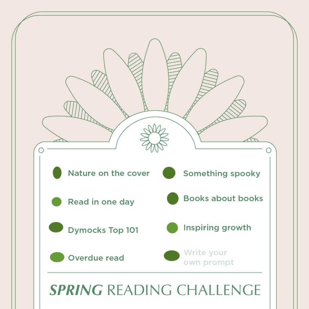Image: A tan and white background with a green flower at the top and green text that reads
Spring

Nature on Cover:

Read in One Day:

Dymocks Top 101:

Overdue Read:

Something Spooky:

Books about Books:

Inspiring Growth:

Own Prompt – Historical Fiction

Spring reading challenge. Each prompt is marked off with a green dot. 