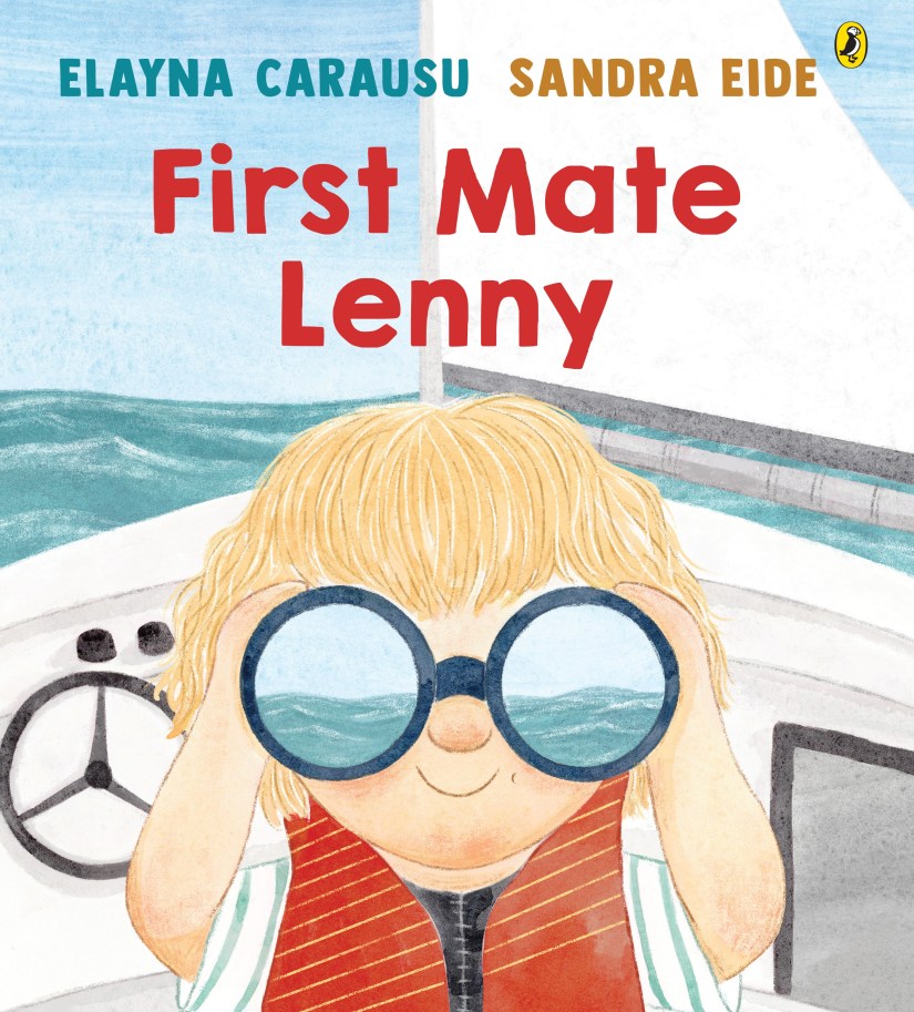 A blonde boy in a white shirt and orange life jacket looking at the sea through binoculars as he stands on a boat. First Mate Lenny by Elayna Carausu and Sandra Eide