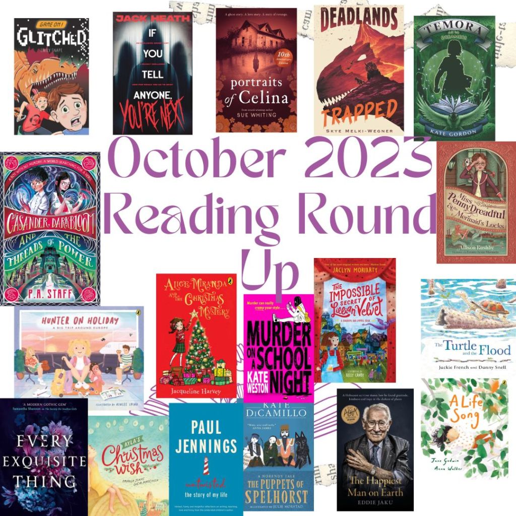 A pale purple background covered in lots of book covers. Purple text in the middle reads October 2023 Reading Round Up. 
