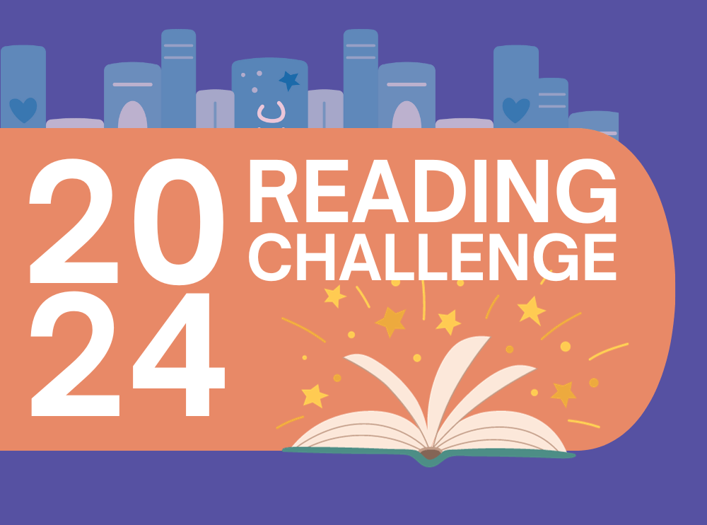 A purple background with a row of blue books behind a curved orange panel. White text says 2024 Reading Challenge above an open book with stars coming out. 