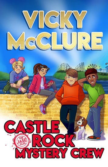 Four kids sitting on and against a wall in front of the sea and a fun park. one girl has blonde hair and pink buns. The second girl has long brown hair. One boy has brown hair and is white. And one boy is black. All are wearing jeans, t-shirts and jumpers or jackets. Red text at the bottom says Castle Rock Mystery Crew:The Jase Files by Vicky McClure