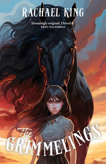 A black horse and girl with dark hair and in a shirt and trousers against a stormy sky with white text that says The Grimmelings at the bottom and Rachael King at the top.