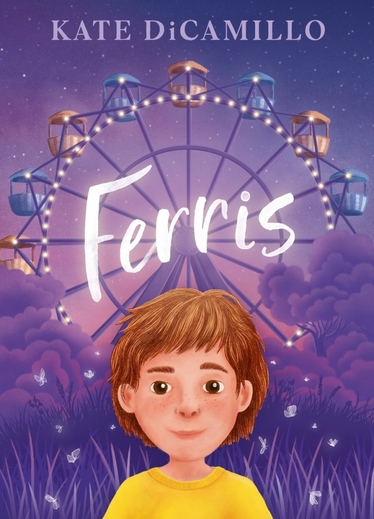A purple cover with a ferris wheel behind a forest and a white girl with short brown hair in a yellow top. 