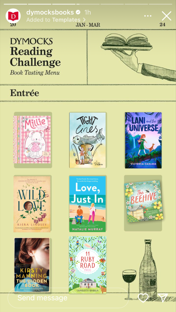 Green Dymocks Reading Challenge Book Tasting menu with black text and eight colourful book covers filling each prompt.