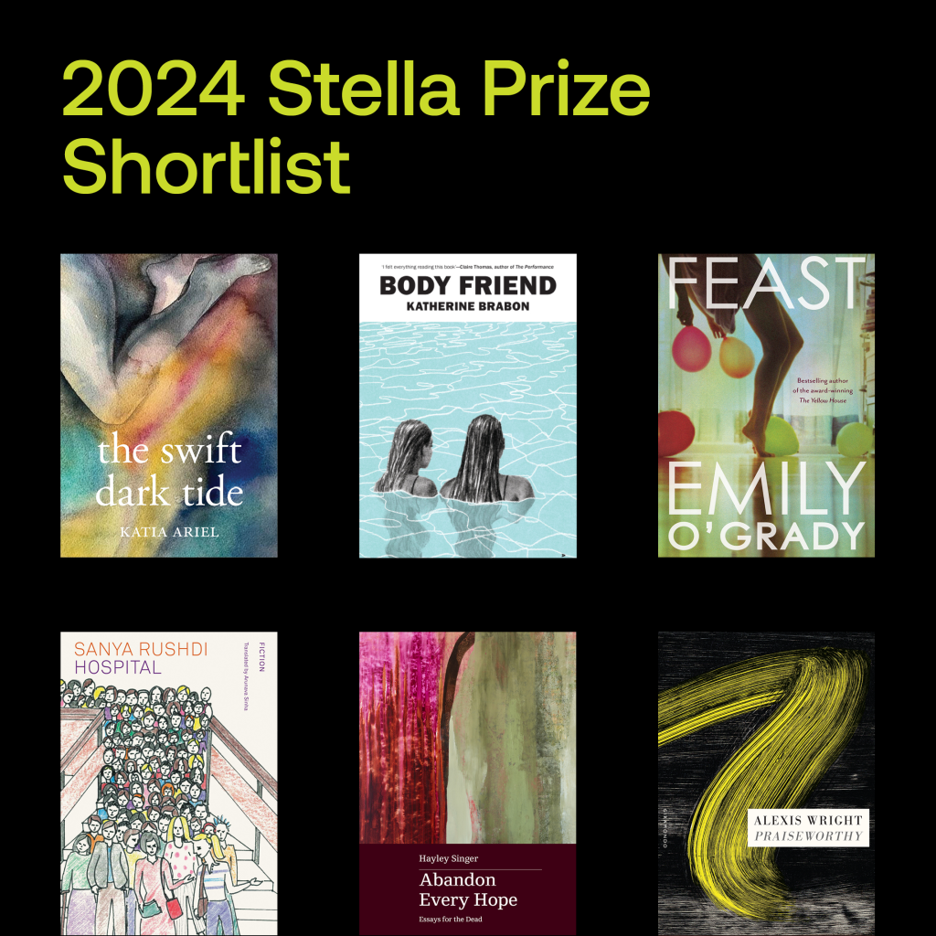 A black background with six colourful book covers under green text that says 2024 Stella Prize Shortlist