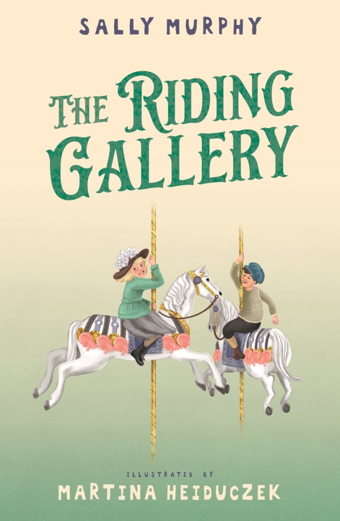 a green and yellow cover with green text that says The Riding Gallery under the author's name. A boy and a girl are riding carousel horses.