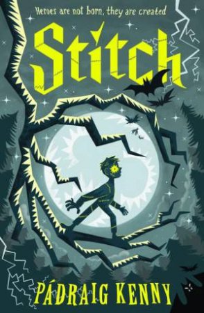 A dark grey cover with a full moon and a tree. A boy made of different parts s standing on the tree in front of the moon under lime green text. 