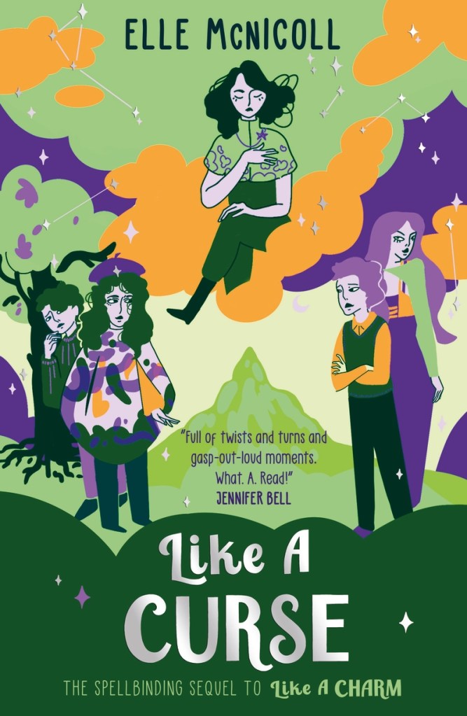 A cover with green in different shades, with trees and orange and purple clouds. Five people in various shades of purple, green, and orange are on the cover above silver writing that saysLike a Curse. There is also green text for the author's name and series information at the top and bottom. 
