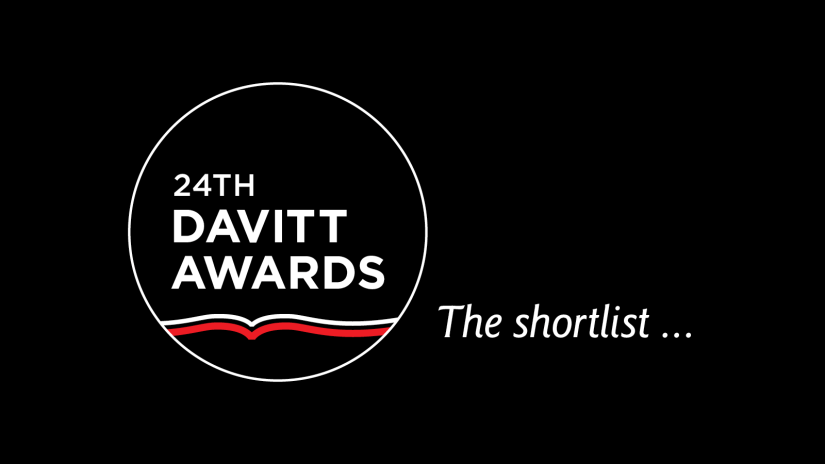  A black background with white text and a white circle with red and white book lines. 24th Davitt Awards. The shortlist