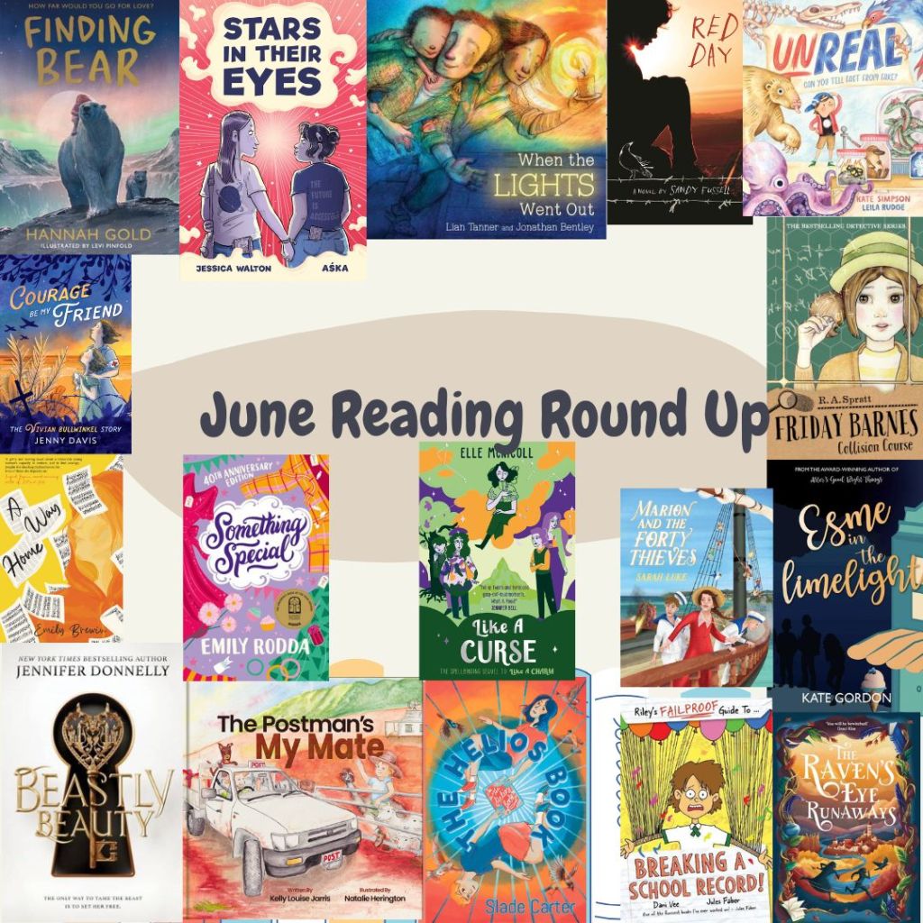 A beige square with 17colourful book covers in a range of genres and audience groups. It has black text in the middle that says June Reading Round Up.