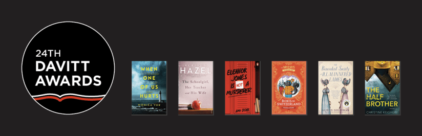 A black rectangle with six colourful book covers next to white text in a circle that reads 2024 Davitt Awards.