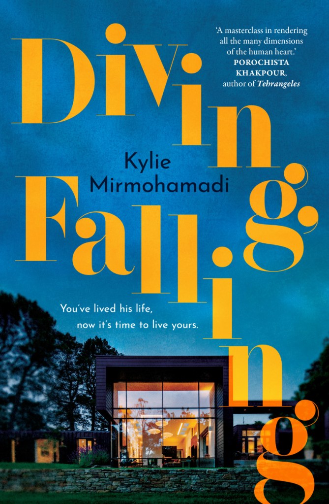 A night sky over a house and garden with yellow text at an angle that reads Diving, Falling. The author's name, Kylie Mirmohamadi is in black text with quotes in white text.