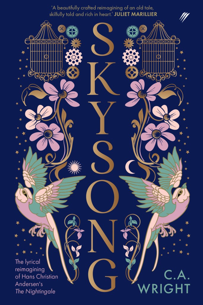 A navy blue background with gold text and images. Pink and green birds are either side of the title, Skysong.