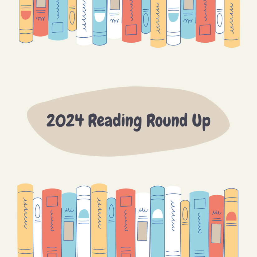Two rows of colourful books against a pale brown background with a darker brown shape with black text that says 2024 Reading Round Up.