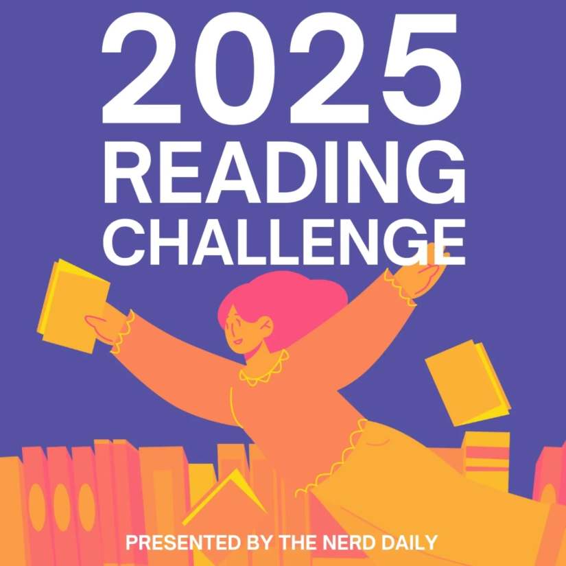 A purple background with a girl in yellow, orange and pink holding a book. She is also running along with books behind her. White text says 2025 Reading Challenge.  