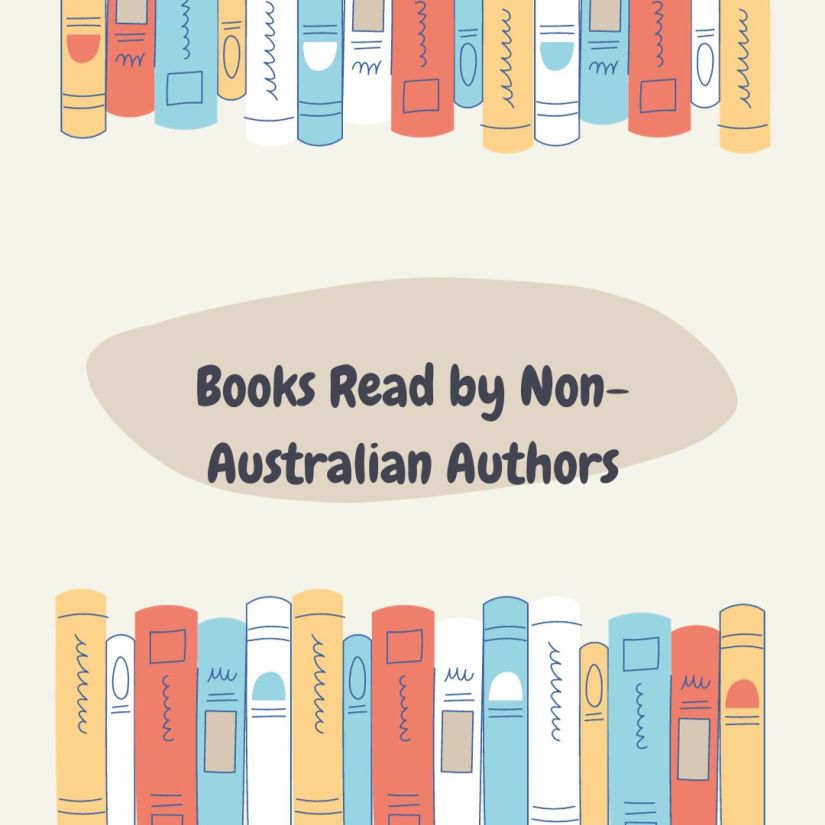 A tan square with rows of books at the top and bottom. A dark tan square has black text that reads Books by Non-Australian authors.
