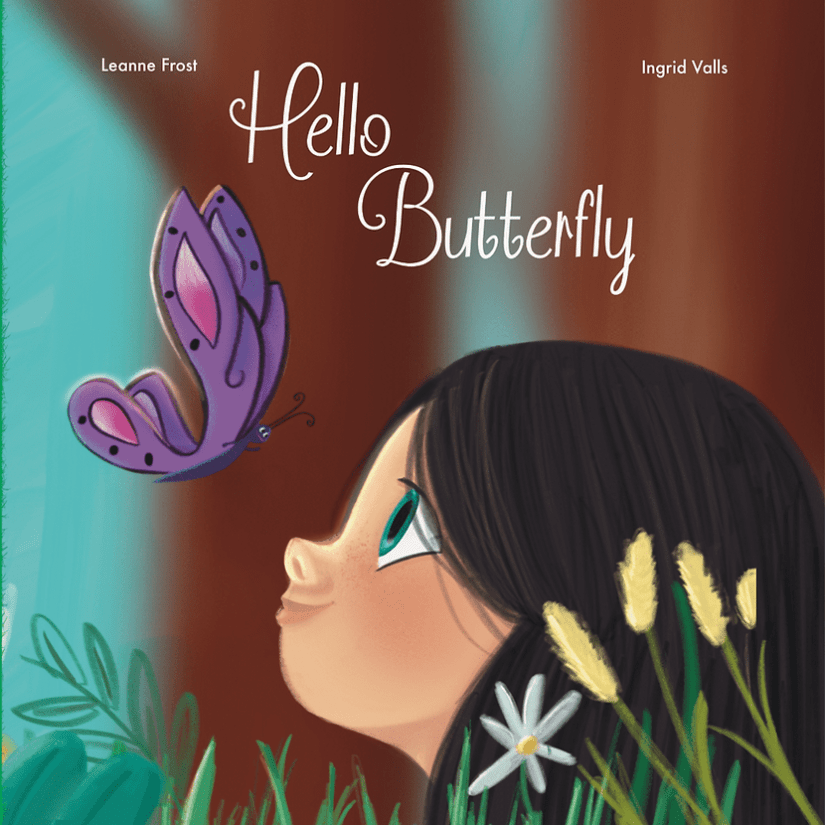 A young girl outside looking up at a purple butterfly. Text is in white and there are flowers at the bottom.