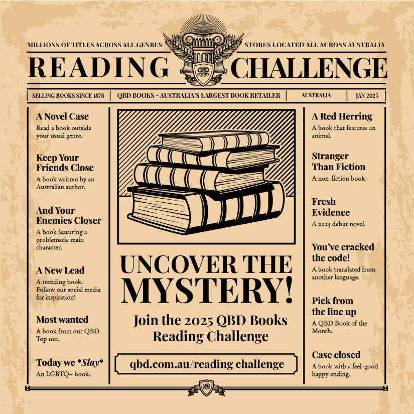 A sepia-toned background with panels of black text for the QBD Reading Challenge 2025. It looks like an old newspaper.