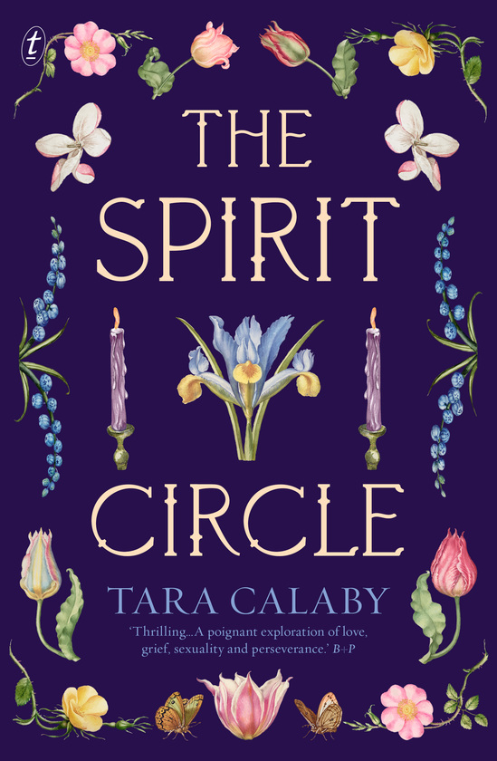 A dark blue cover with flowers and candles around pale pink text for the title and blue text for the name of the author.