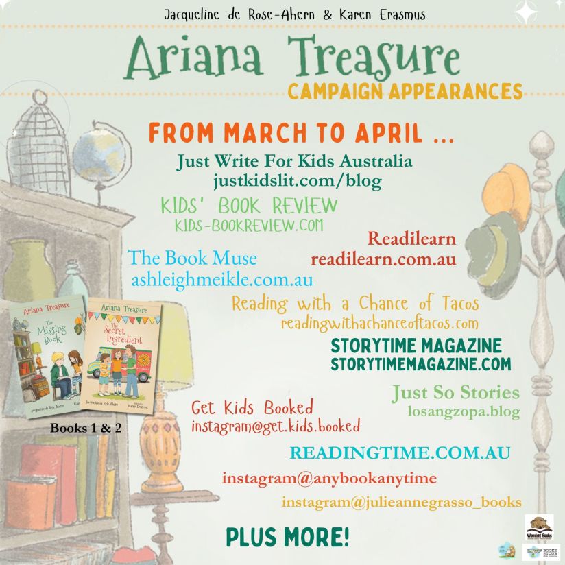 Blog tour schedule for Ariana Treasure. Colourful text on a grean background. 