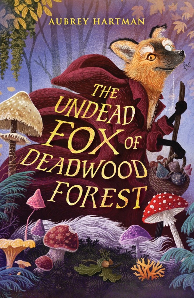 A fox in a monocle and a cloak in a misty purple forest surrounded by trees and mushrooms