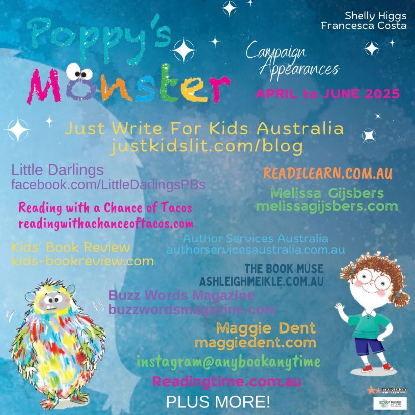 A blue background with colourful text about the people involved in the blog tour.