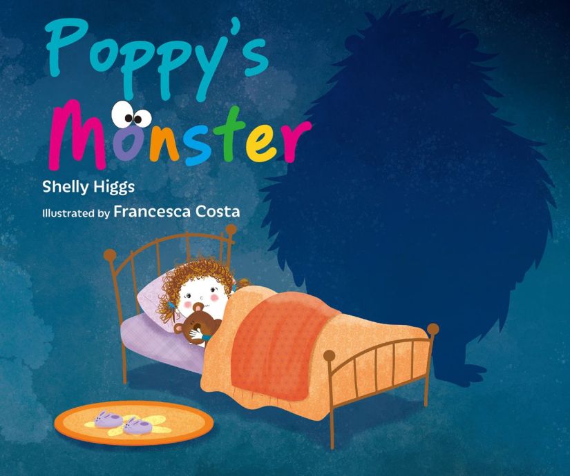A blue cover with a girl in bed with a dark monster hovering over her. There is rainbow text above her orange-covered bed that says Poppy's Monster.