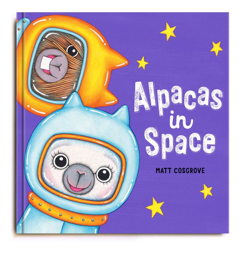 A bright purple cover with two alpacas wearing space helmets. One is white, and the other is brown. There are stars on the cover around the white and black text that says Alpacas in Space by Matt Cosgrove.