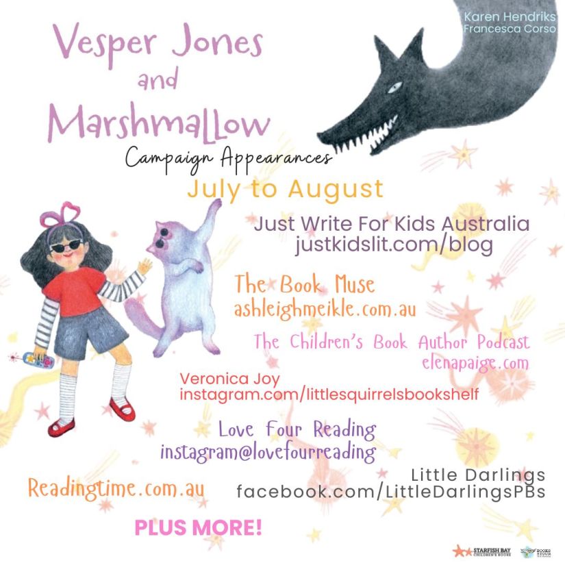 A white square with pink, yellow, orange and purple writing, and images of a girl, a cat and a shadow. The text is everyone appearing on the blog tour. 