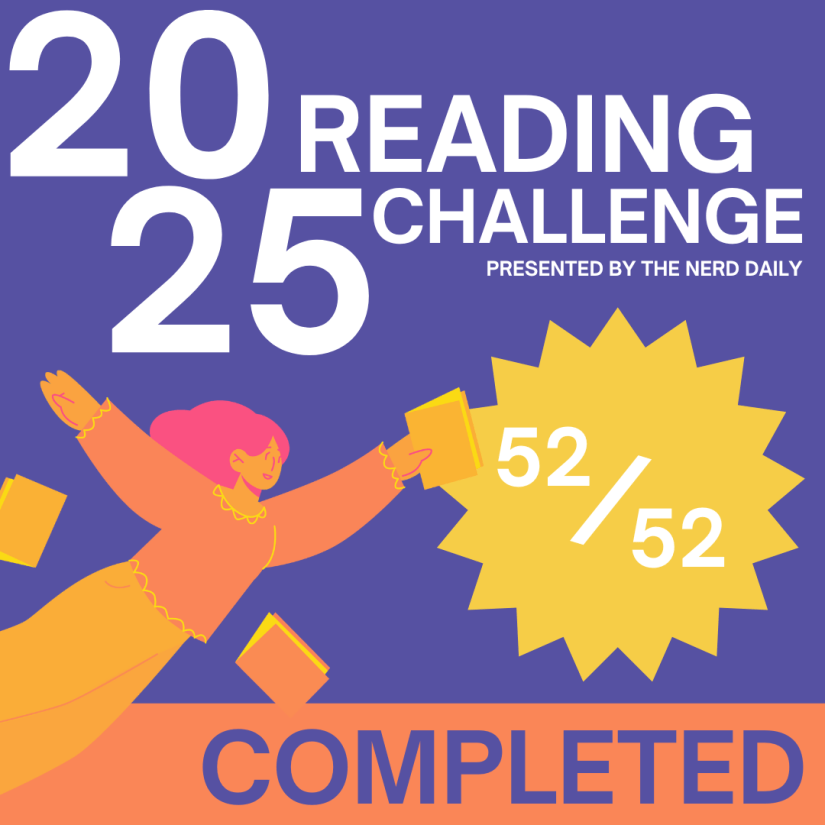 A purple background with a pink panel at the bottom. A girl in pinks, yellows and oranges is jumping with books around her. There is a yellow star with 52/52. White text says 2025 challenge on the purple background. The pink panel has completed in purple. 