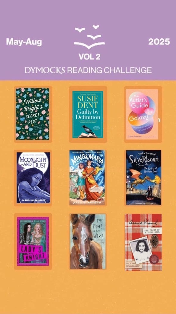 Image: An orange and purple background with nine colourful books and white text about Dymocks Reading Challenge