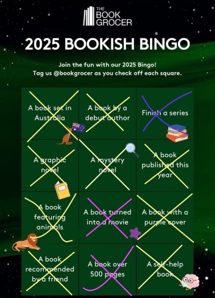 Green book grocer bingo card with 12 squares in white text. Twelve squares are marked off in different coloured Xs.