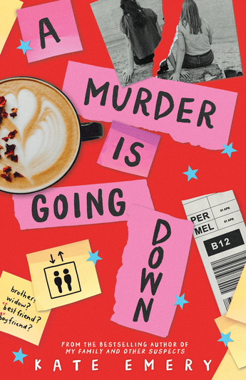 A Murder is Going Down
A red cover with torn tickets in white and yellow and pink. The torn pink has black text that says A Murder is Going Down. There is a coffee cup and torn black and white photo next to it.