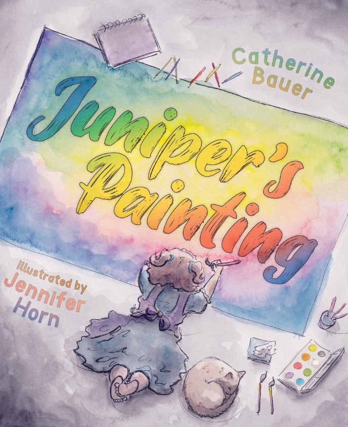 Juniper’s Painting
A water colour in muted tones of a young girl painting a rainbow picture of the words Juniper’s Painting. Rainbow text for the author and illustrator’s names are either side of the girl and her painting.